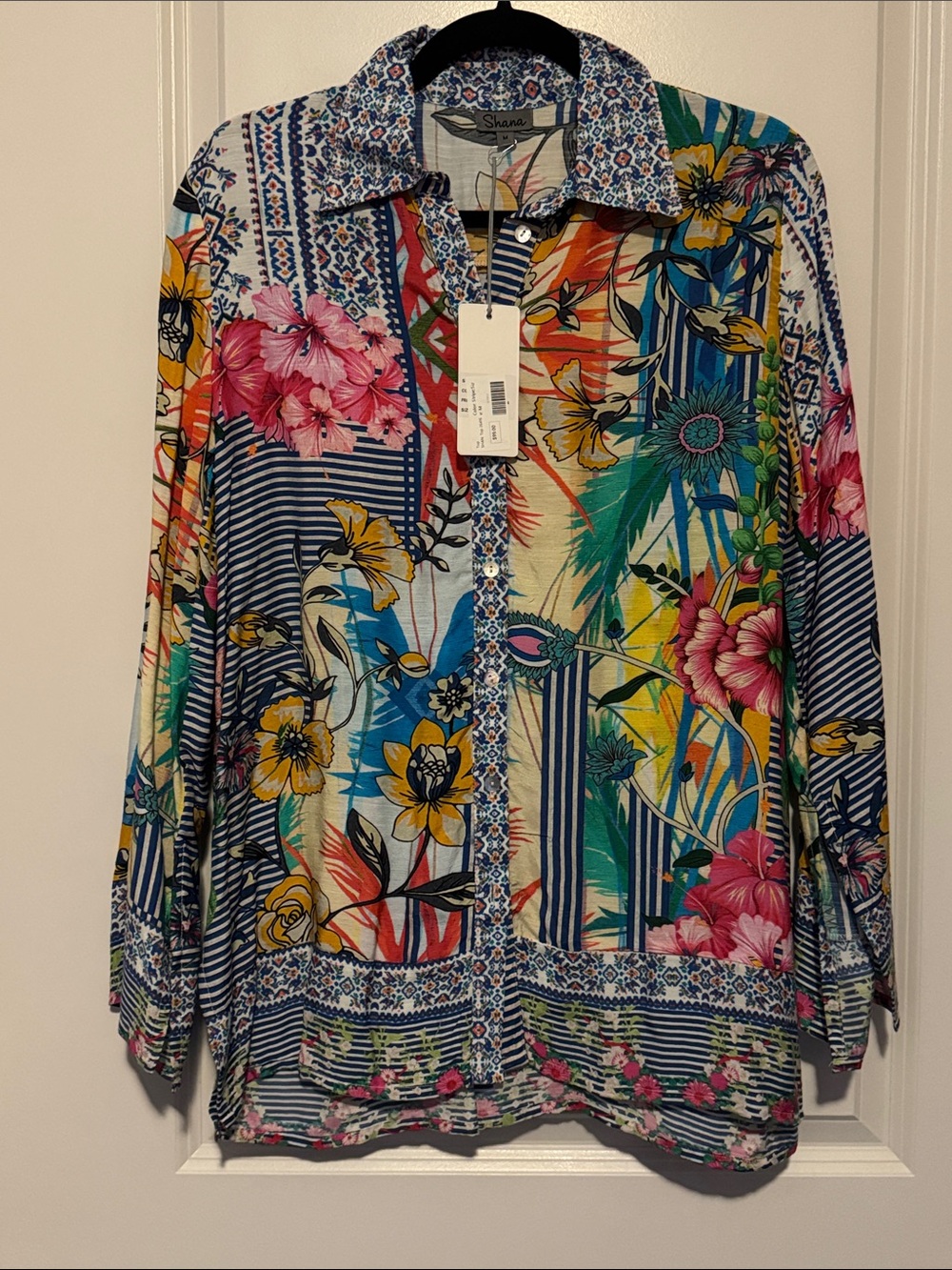 SHAN Multicolor Floral-Stripe Button Front Blouse